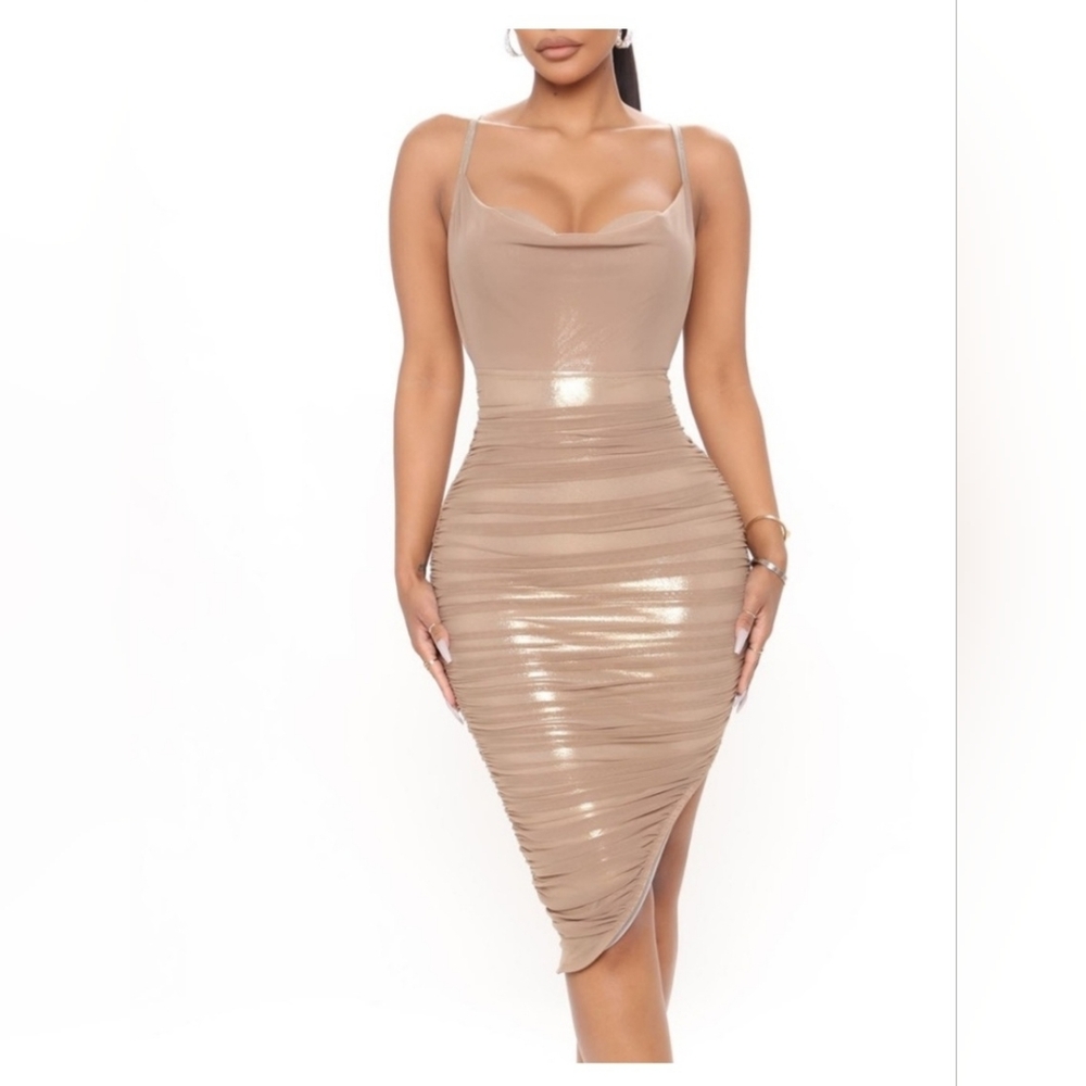 Fashion Nova Shimmering Tan Asymmetrical Dress